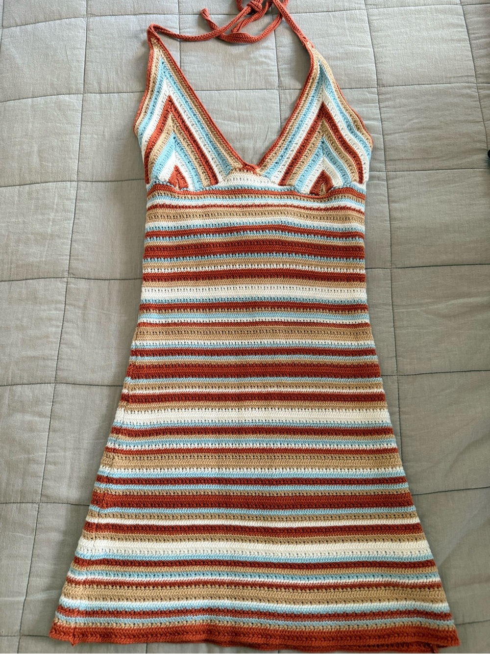 Cotton On Rust, Cream & Light Blue Striped Crochet CoverUp Halter  Dress